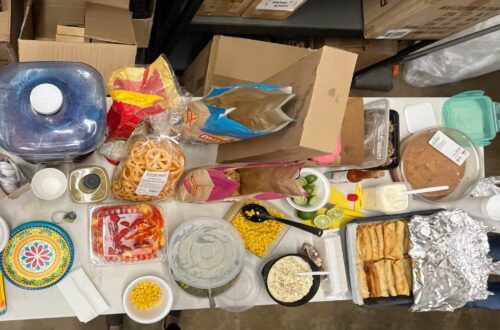 plates of different dishes on the table of potluck party